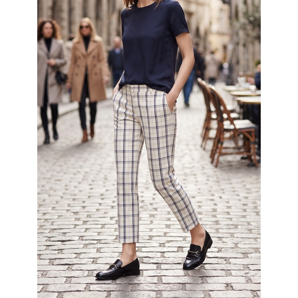 Theory Treeca 2 Mix Check Wool Slim Crop Pants Ivory Blue NWT Size 00 2 $285